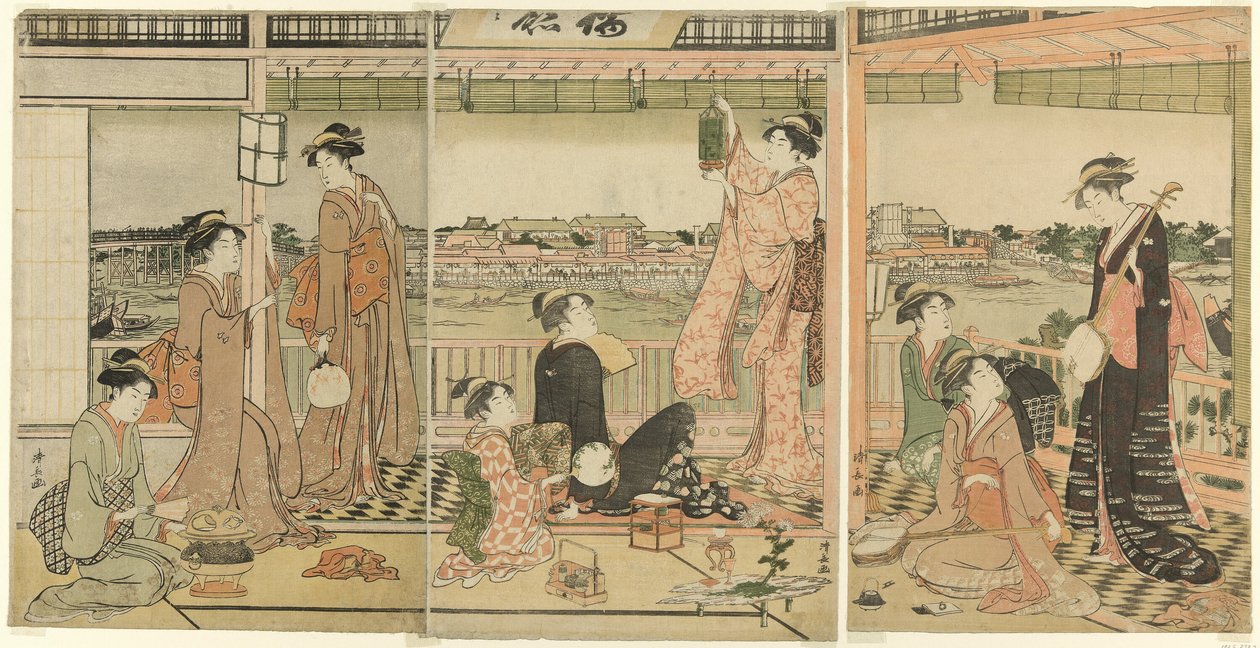 Egy buli, aki a Holdat nézi a Sumida folyó túloldalán alkotó: Torii Kiyonaga