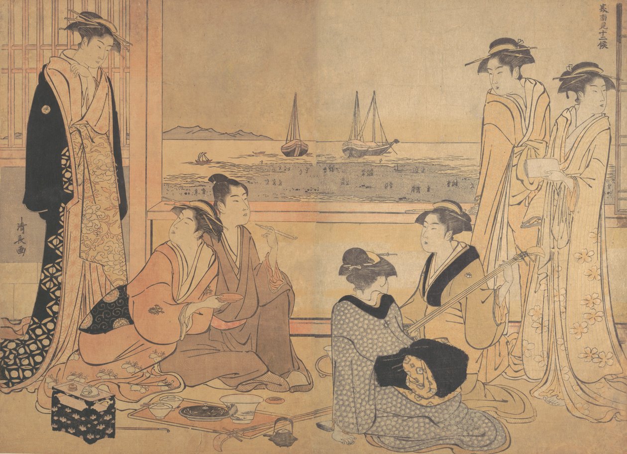 Vidámozók partija egy teaházban Shinagawában, kb. 1783. alkotó: Torii Kiyonaga
