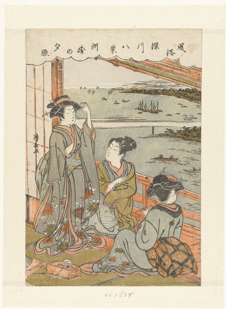 Esti eső Susakiban Susaki no sekisho (cím a tárgyon) A szokások és szokások nyolc arca Fukagawában (sorozat címe) Fuzoku Fukagawa hakkei (sorozat címe az objektumon) alkotó: Torii Kiyonaga