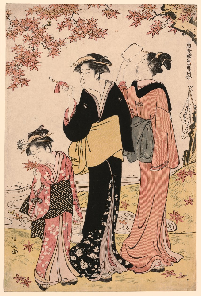 Szépségek a juharfa alatt, a "A Pleasure Quarters kortárs szépségeinek gyűjteménye (Tosei yuri bijin awase)" sorozatból alkotó: Torii Kiyonaga
