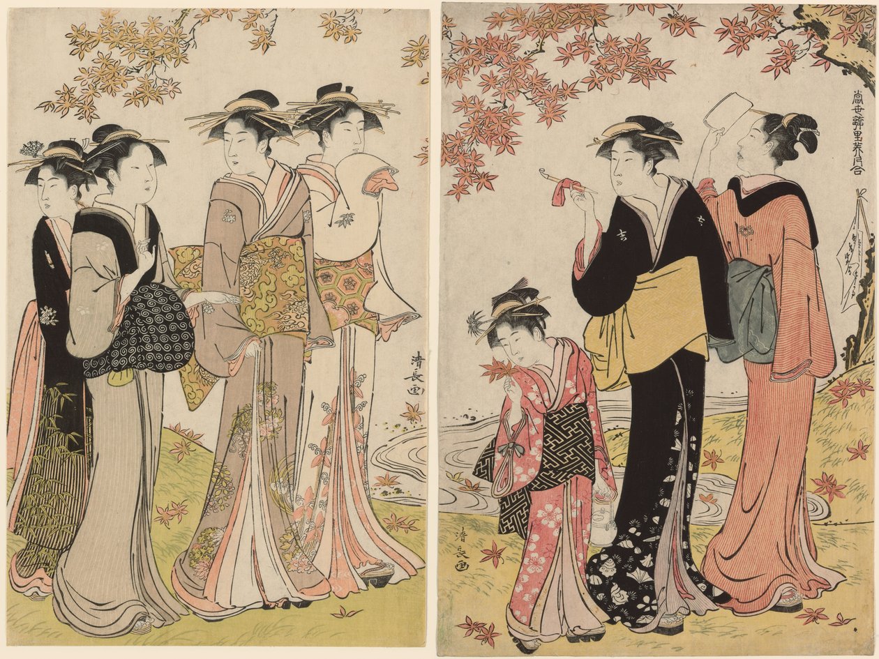 Szépségek a juharfa alatt, a "A Pleasure Quarters kortárs szépségeinek gyűjteménye (Tosei yuri bijin awase)" sorozatból alkotó: Torii Kiyonaga