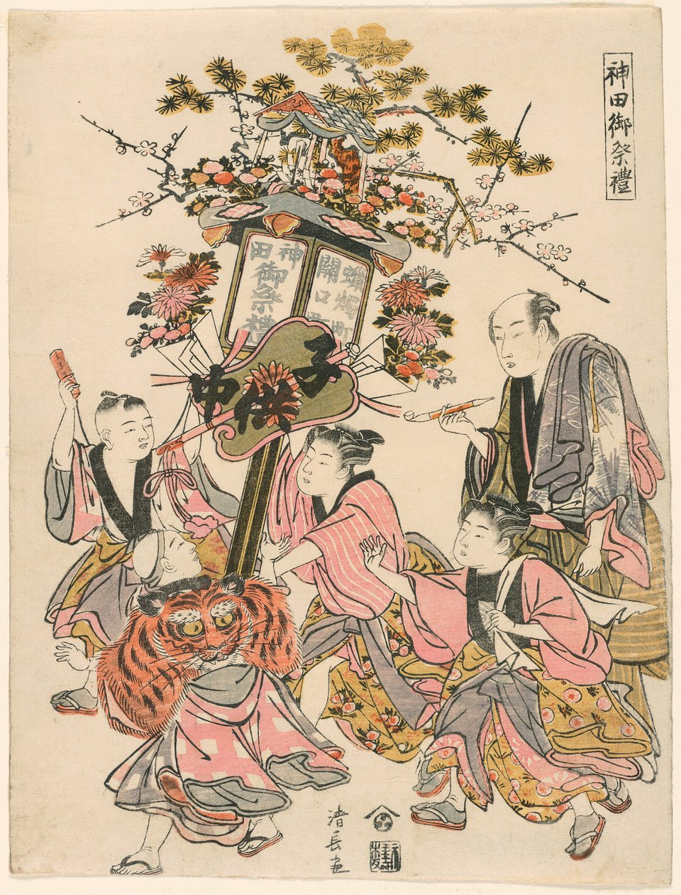 Pavilonnal, Goheival, virágokkal és legyezővel (Sekiguchi-cho Rosoku-cho no banto) díszített lámpás cipelése a „Kanda szentély ünnepe (Kanda go-sairei)” sorozatból alkotó: Torii Kiyonaga