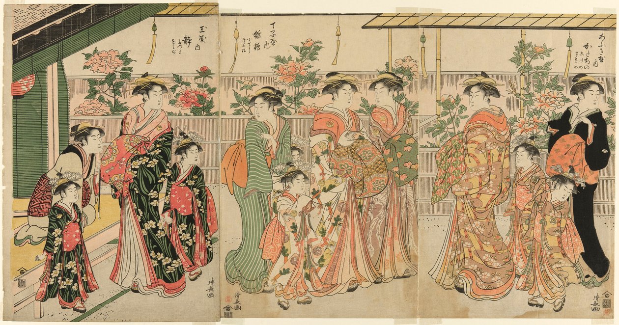 Yoshiwara udvarhölgyei és kísérőik a Nakanocho-i pünkösdi rózsát nézik alkotó: Torii Kiyonaga