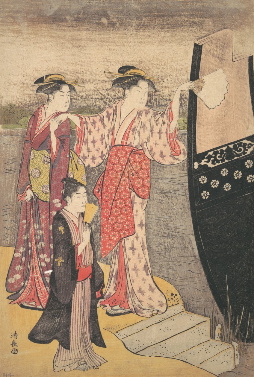 Kiszállás egy sétahajóról a Sumida folyón. alkotó: Torii Kiyonaga