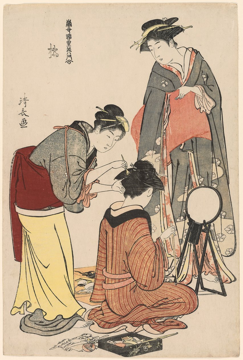Entertainers of the Tachibana, from the series "A Collection of Contemporary Beauties of the Pleasure Quarters (Tosei yuri bijin awase)", c.1782 (colour woodblock print; oban) alkotó: Torii Kiyonaga