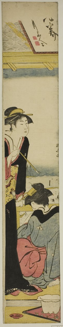 Gésa és szobalány az öbölre néző erkélyen alkotó: Torii Kiyonaga