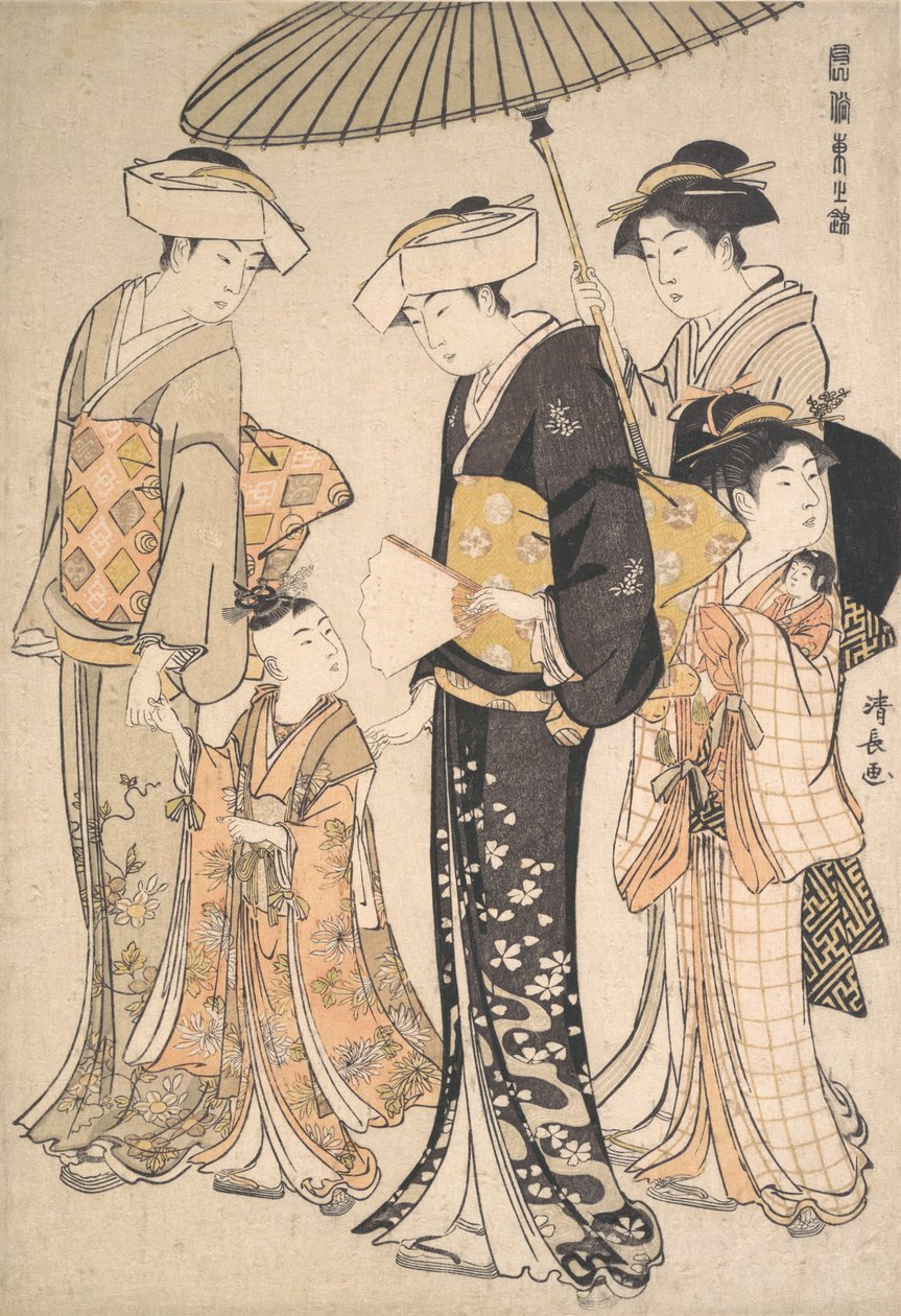 Magas rangú szamurájlány négy kísérővel, az A Brocade of Eastern M... sorozatból, kb. 1784. alkotó: Torii Kiyonaga