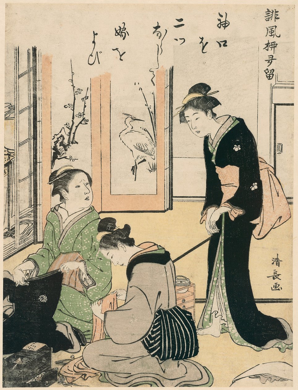 Anyós ugratja a menyasszonyt, a Humoros versek gyűjteménye sorozatból, 1785 körül (színes fatömbnyomat; chuban) alkotó: Torii Kiyonaga