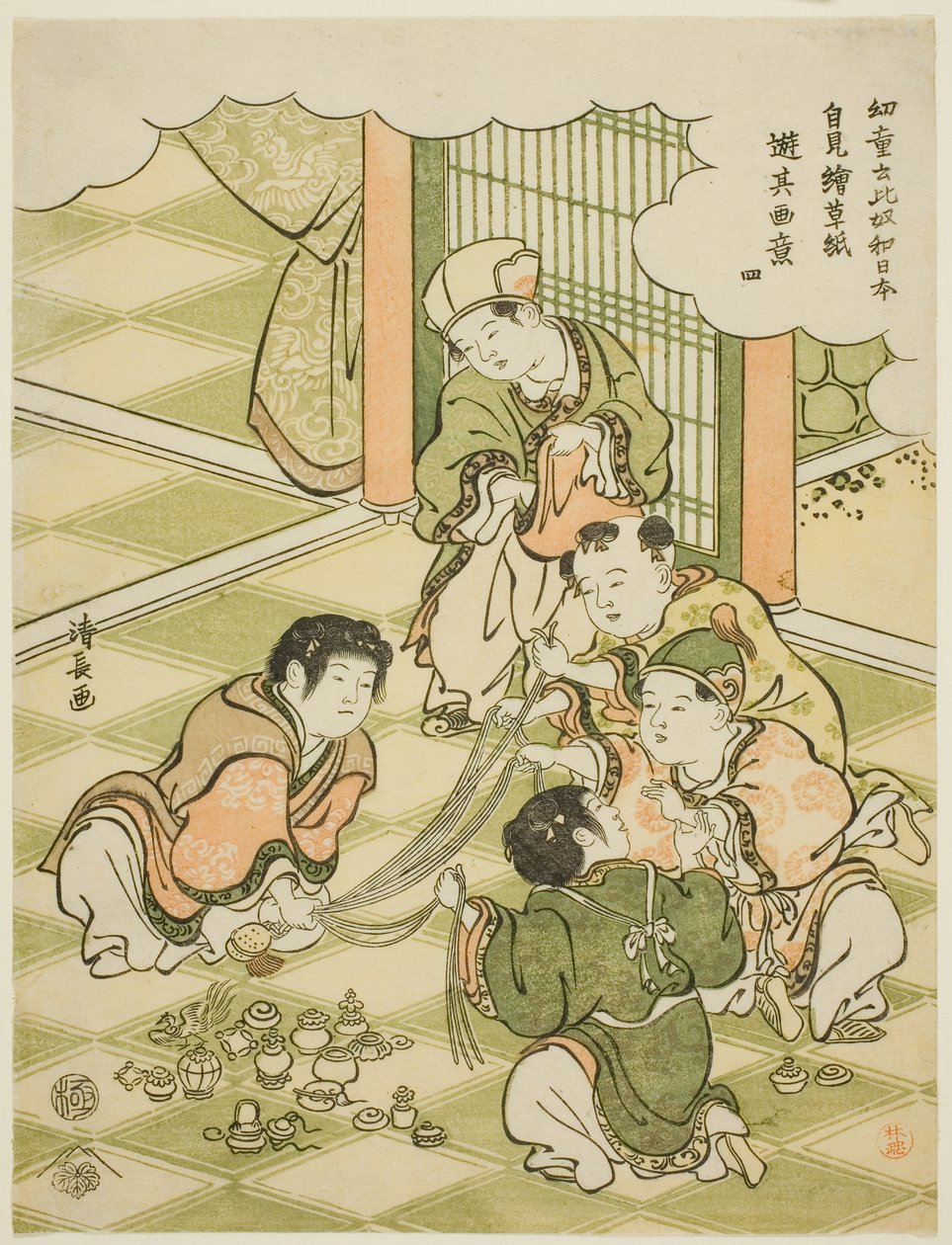 4. sz.: Kínai fiúk tombolajátékot játszanak, a "Gyerekek mondják: "Ez Japán!" és utánozzák a képeskönyvekben látott játékokat (Yodo iu koitsu wa Nippon, ezoshi o mite yori sono gai ni asobu)" című sorozatból. alkotó: Torii Kiyonaga