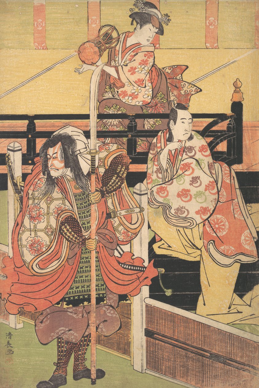 Az erkélyen egy nő ül és cuzumit játszik, egy Daimyo jelmezben lévő férfi alatt a tenger..., kb. 1790. alkotó: Torii Kiyonaga