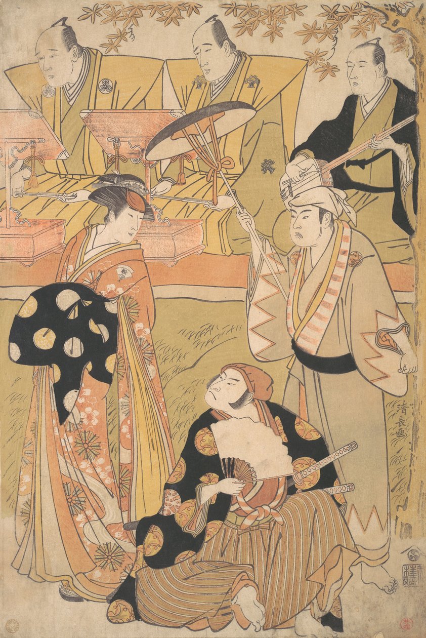 Onoe Matsusuke I, mint oiran áll a bal oldalon, beszélget Nakamura Nakazo I-vel, mint Sam..., kb. 1788. alkotó: Torii Kiyonaga