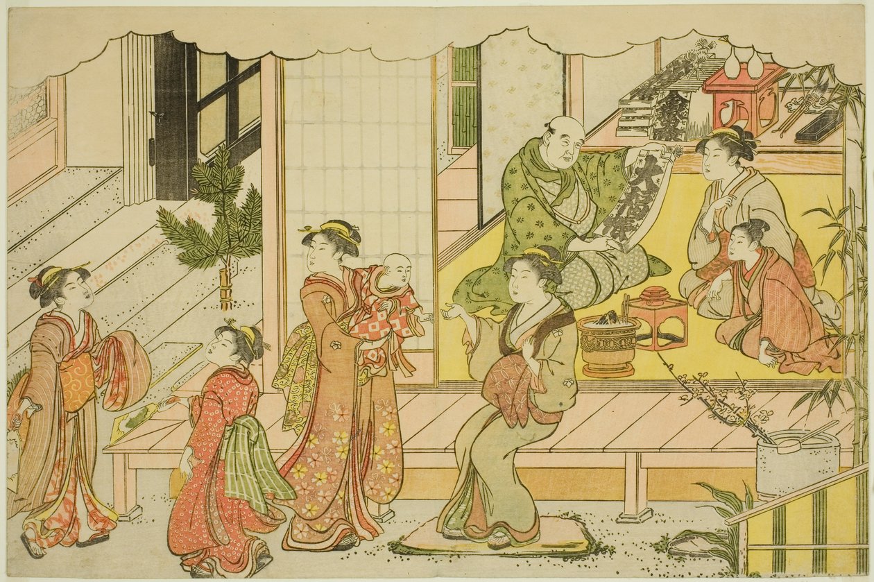 A Tárház megnyitása (Kurabiraki), a "Hármas hajnal színei (Saishiki mitsu no asa)" című illusztrált könyvből alkotó: Torii Kiyonaga