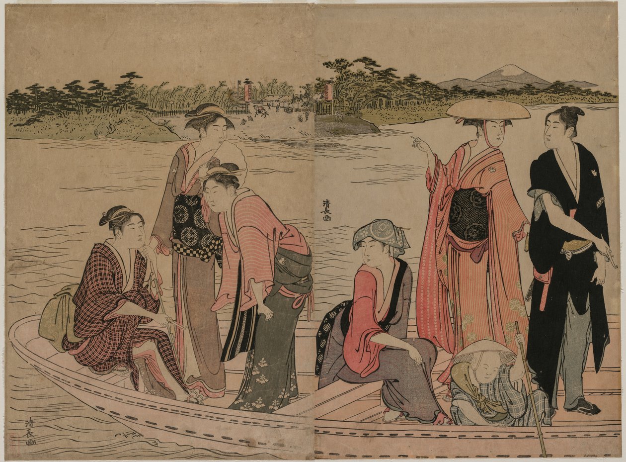 Utasok egy kompon a Sumida folyón alkotó: Torii Kiyonaga