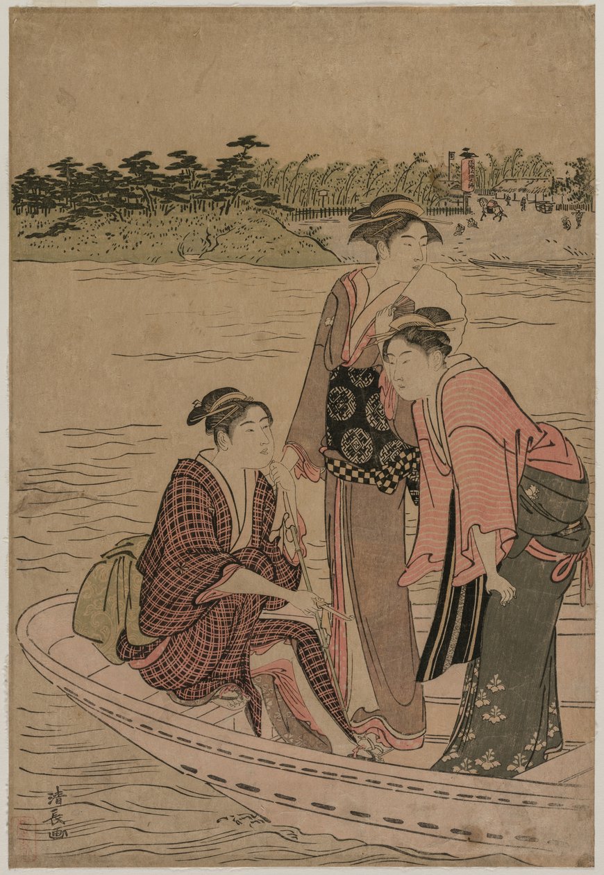 Utasok egy kompon a Sumida folyón alkotó: Torii Kiyonaga