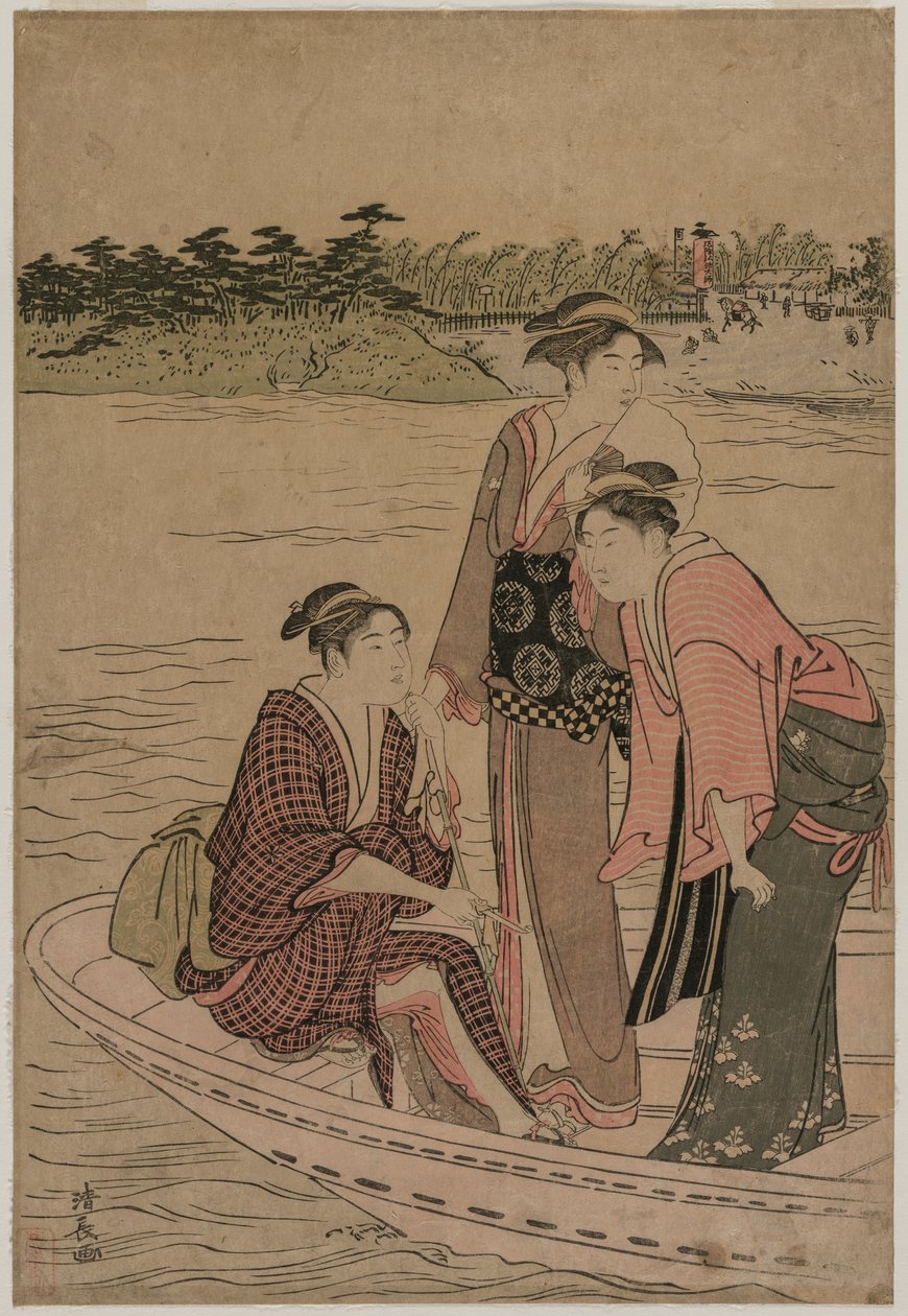 Utasok egy kompon a Sumida folyón, 1784. alkotó: Torii Kiyonaga