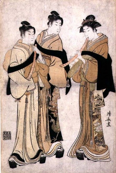 Playing the Shakuhachi, 1782 körül (fatömbnyomat vak dombornyomással) alkotó: Torii Kiyonaga