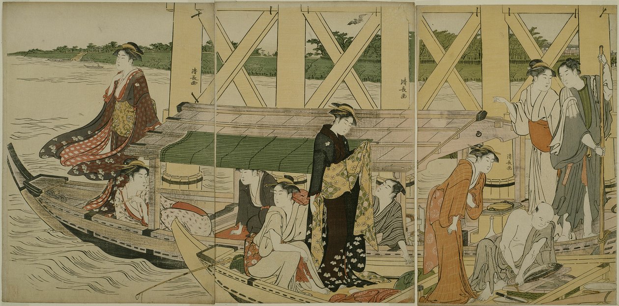 Élményhajók az Azuma híd alatt alkotó: Torii Kiyonaga