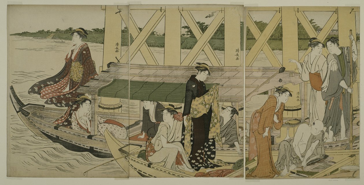 Élményhajók az Azuma híd alatt, 1784 körül alkotó: Torii Kiyonaga