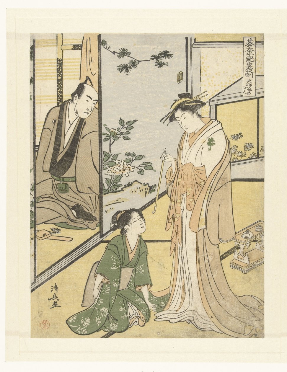 Jelenet a Daifukuya huisban Daifukuya no dan (cím a tárgyon) Het toneelstuk Shiraishibanashi (sorozat címe) Gotaiheiki Shiraishibanashi (sorozat címe az objektumon) alkotó: Torii Kiyonaga