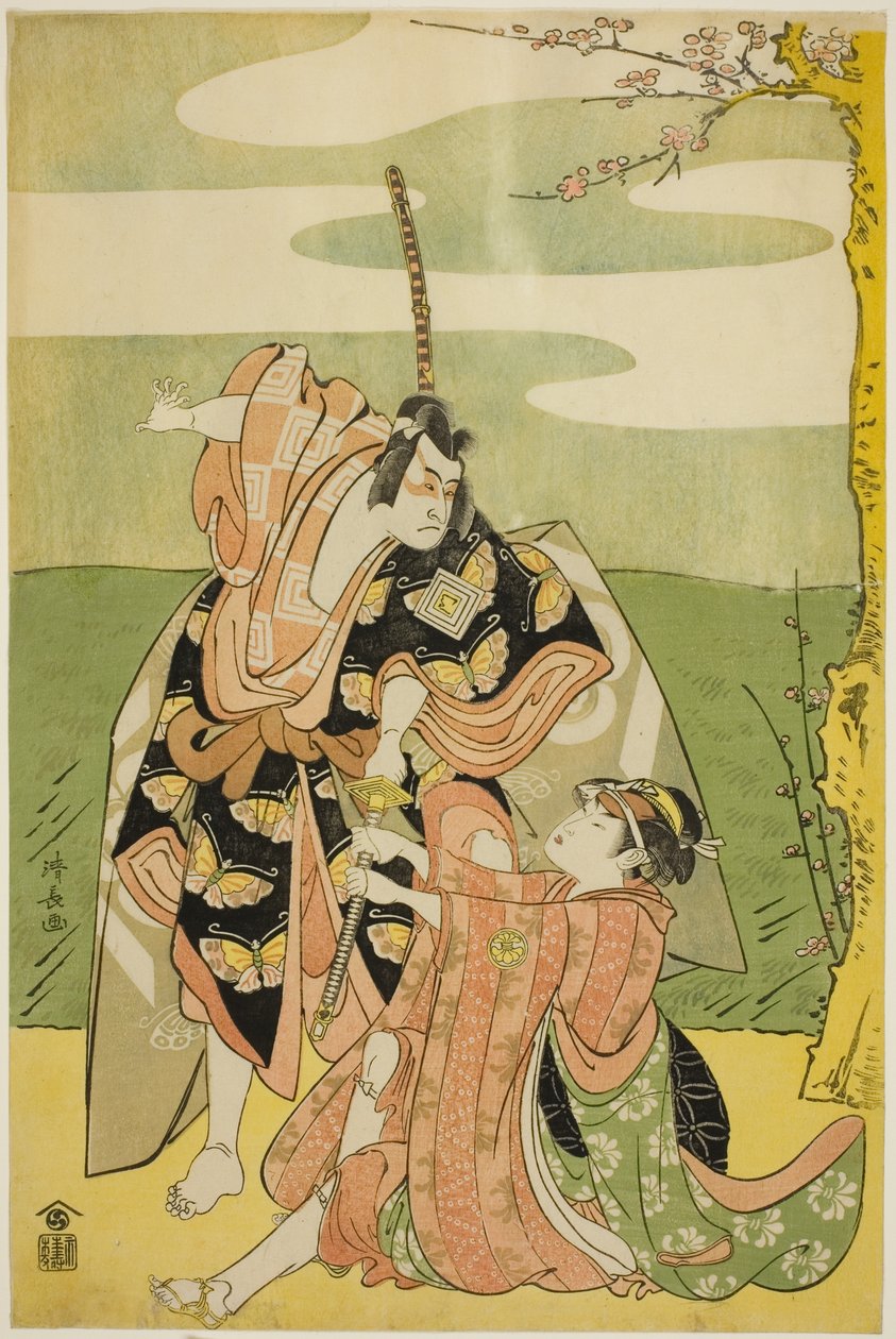 A színész Ichikawa Monnosuke II mint Soga no Goro és Segawa Kikunojo III mint Tsukisayo a "Nanakusa Yosooi Soga" című darabban, amelyet a Nakamura Színházban mutattak be 1782 első hónapjában. alkotó: Torii Kiyonaga