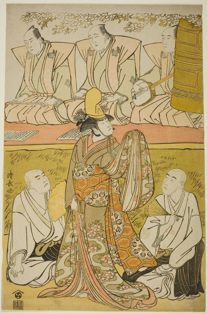 A színész Nakamura Nakazo I a Shirabyoshi Katsuragi, Matsumoto Koshiro IV mint Meigetsubo szerzetes, és Otani Hiroji III mint Izayoibo szerzetes az „Edoganoko Musume Dojoji” című darabban, amelyet az Ichimura Színházban mutattak be 1783 nyolcadik hónapjába alkotó: Torii Kiyonaga