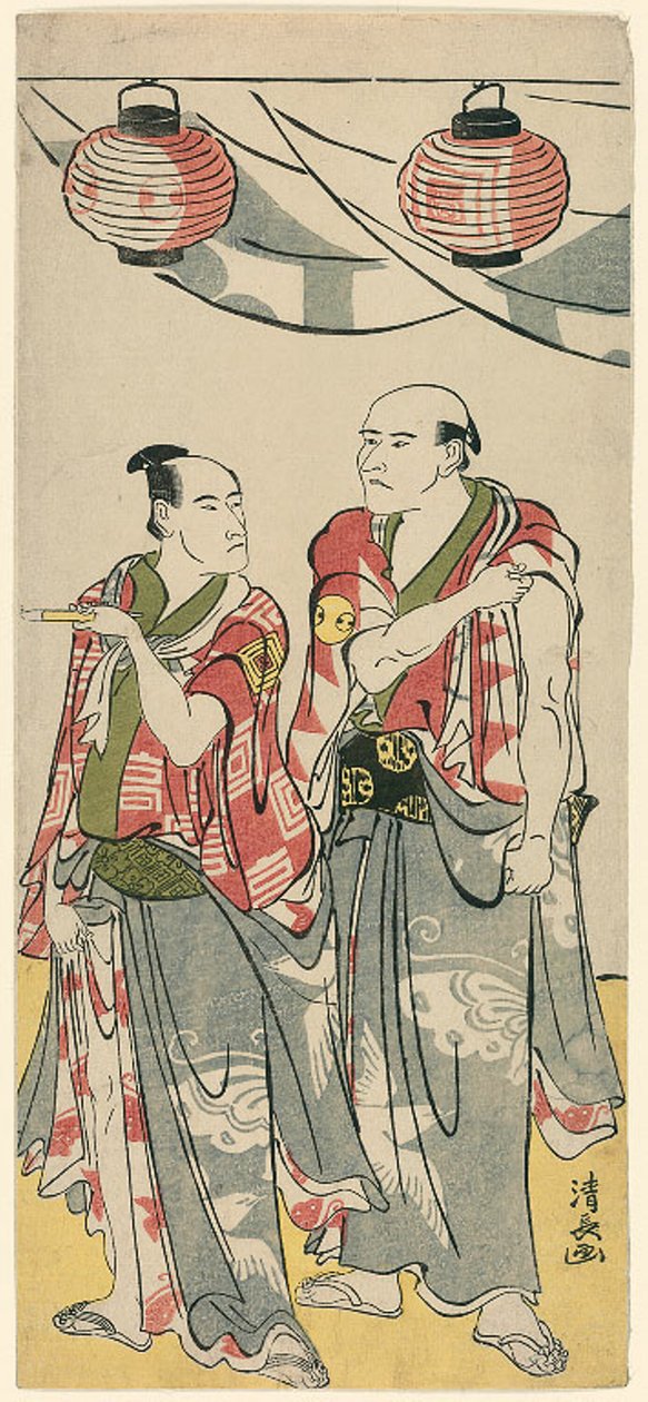 Arashi Ryuzo II és Ichikawa Komazo III színészek tizenegy színészből álló pentaptichonból, akik a Soga fivérek szentélyének fesztiválját ünneplik alkotó: Torii Kiyonaga