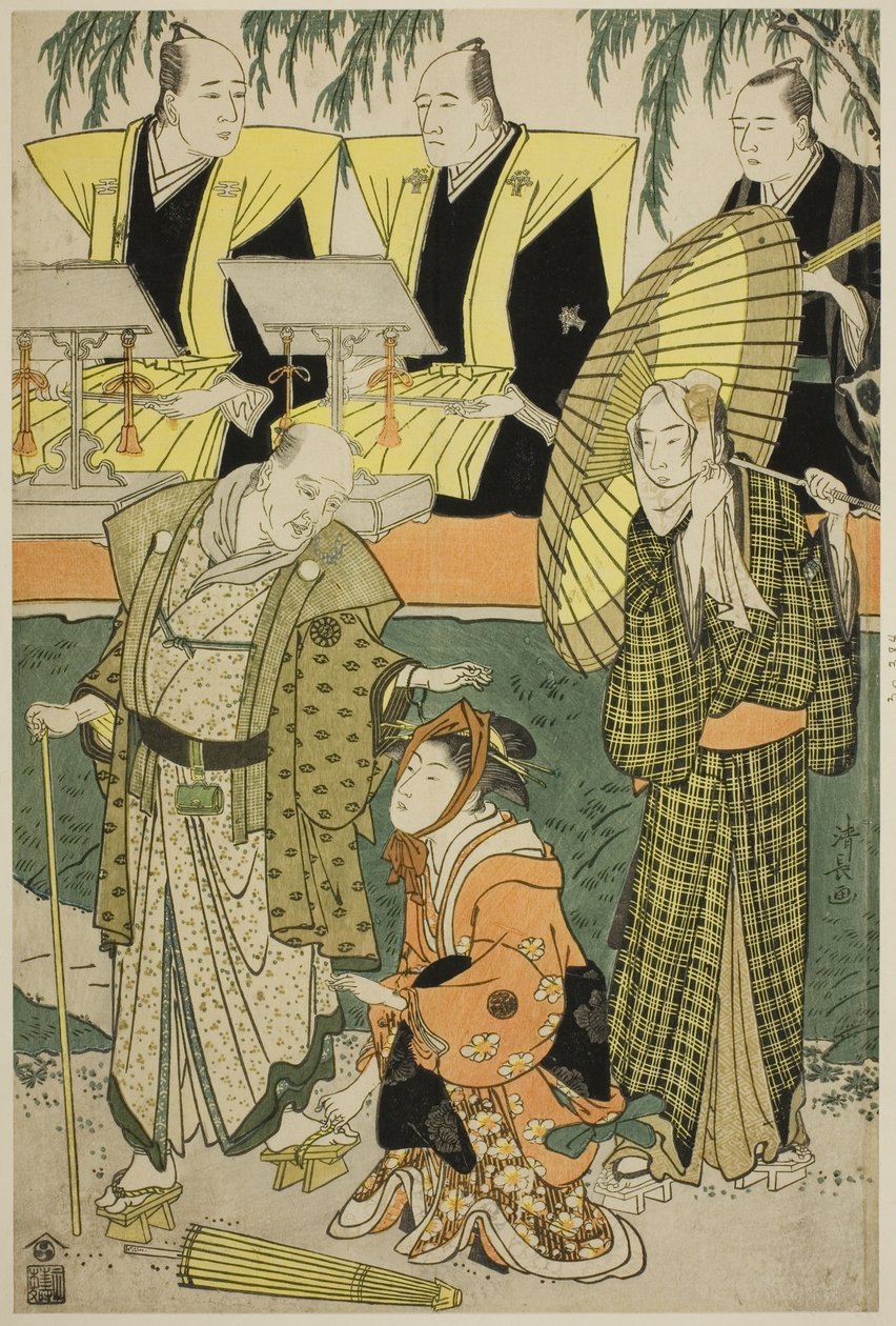 A színészek Bando Matakuro IV mint Chubei, Osagawa Tsuneyo II mint Umegawa és Nakamura Katsugoro mint Magoemon a Keisei Koibikyaku című darabban alkotó: Torii Kiyonaga