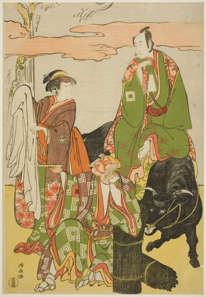 A színészek Ichikawa Monnosuke II mint Miyukinosuke, Segawa Kikunojo III mint Hatsune-hime és Ichikawa Danjuro V mint Ninnaji no Saibei, a joruri "Shitenno Oe no Yamairi" című filmben a Kiri Színházban mutatták be 1785. tizenegyedik hónapjában. alkotó: Torii Kiyonaga