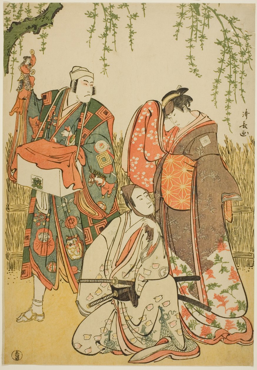 A színészek Ichikawa Yaozo III mint Shiragiku, Ichikawa Danjuro V mint a bábjátékos Dekurokubei, és Sawamura Sojuro III mint Soga no Juro a "Shinobukoi Yanagi no Katsura Otoko" című joruriban, amelyet a Nakamura Színházban mutattak be 1785 első hónapjában. alkotó: Torii Kiyonaga