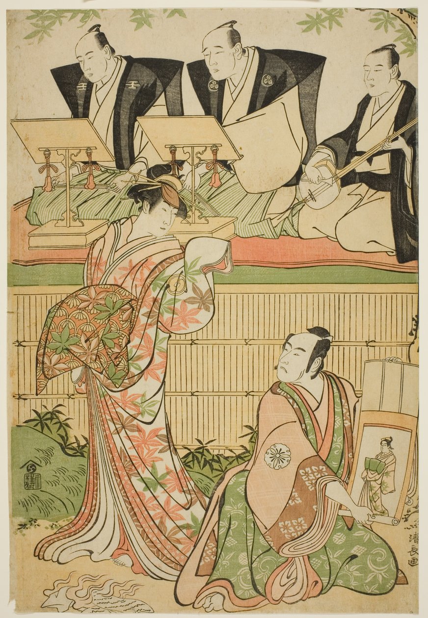 A színészek Matsumoto Koshiro IV Ukita Sakingo szerepében és Sawamura Sojuro III, mint Takao udvarhölgy szelleme, az "Ominaeshi Sugata no Hatsuaki" című darabban a Nakamura Színházban 1788-ban. alkotó: Torii Kiyonaga