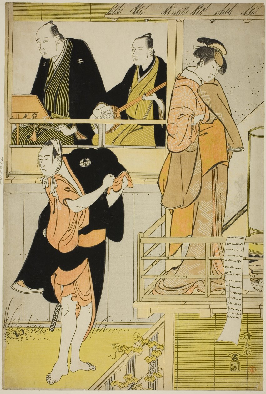 A színészek Nakamura Riko I, mint Tanbaya Otsuma és Ichikawa Yaozo III mint Furuteya Hachirobei, a "Sakamachi Yoi no Yotsutsuji" joruriban, amelyet a Nakamura Színházban mutattak be 1785 harmadik hónapjában. alkotó: Torii Kiyonaga