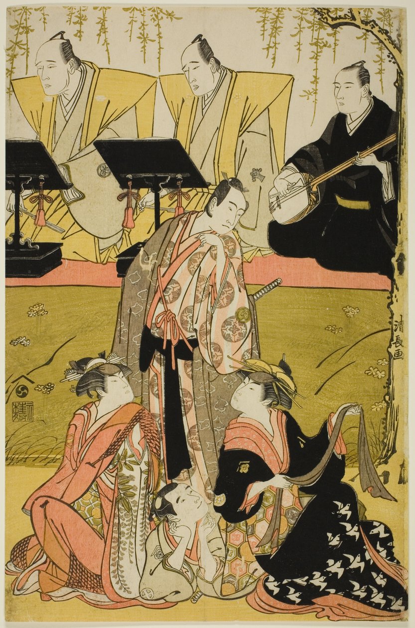 A színészek Sawamura Sojuro III mint Soga no Juro, Osagawa Tsuneyo II mint Oiso no Tora, Azuma Tozo III mint Miura Katagai és Otani Tokuji I mint Danzaburo a joruri "Chidorigake Koi no Tamaboko" című filmben az Ichimura Színházban mutatták be az első alkal alkotó: Torii Kiyonaga