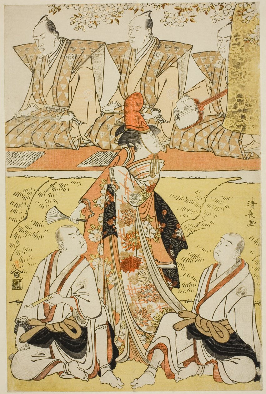 A színészek Segawa Kikunojo III mint Koito, Sawamura Sojuro III mint Sainenbo szerzetes, és Ichikawa Monnosuke II mint Renseibo szerzetes a "Mata Saku Hana Museume Dojoji" című shosában, amelyet a Nakamura Színházban mutattak be 1783 negyedik hónapjában. alkotó: Torii Kiyonaga