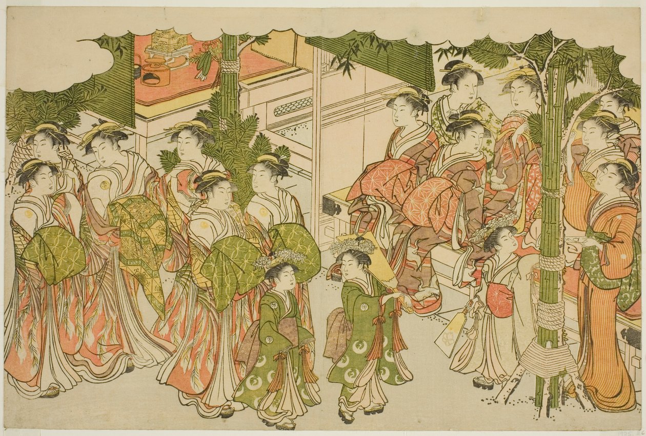Az újév első ruhadarabjai (Kiso hajime), "A hármas hajnal színei (Saishiki mitsu no asa)" című illusztrált könyvből alkotó: Torii Kiyonaga