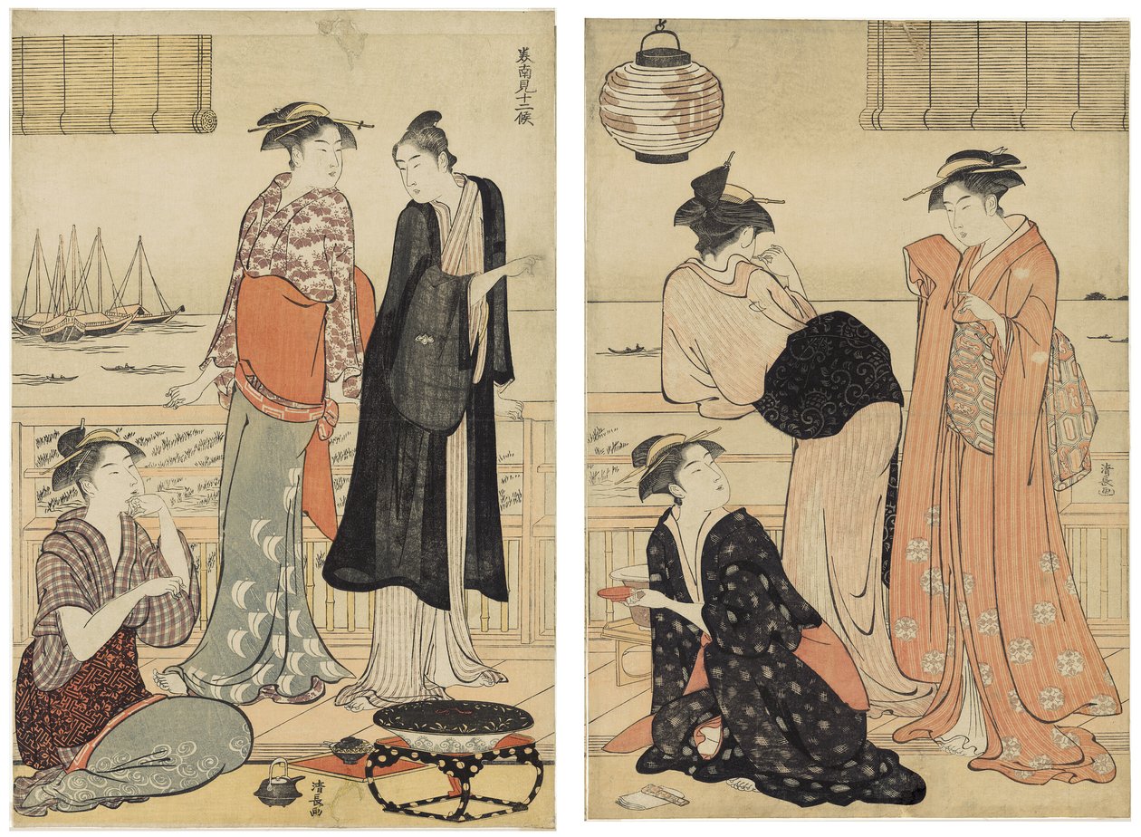 A hatodik hónap, az esti hűvös élvezet a teaházban, a Tizenkét hónap a déli negyedben (Minami jūni kō) sorozatból alkotó: Torii Kiyonaga