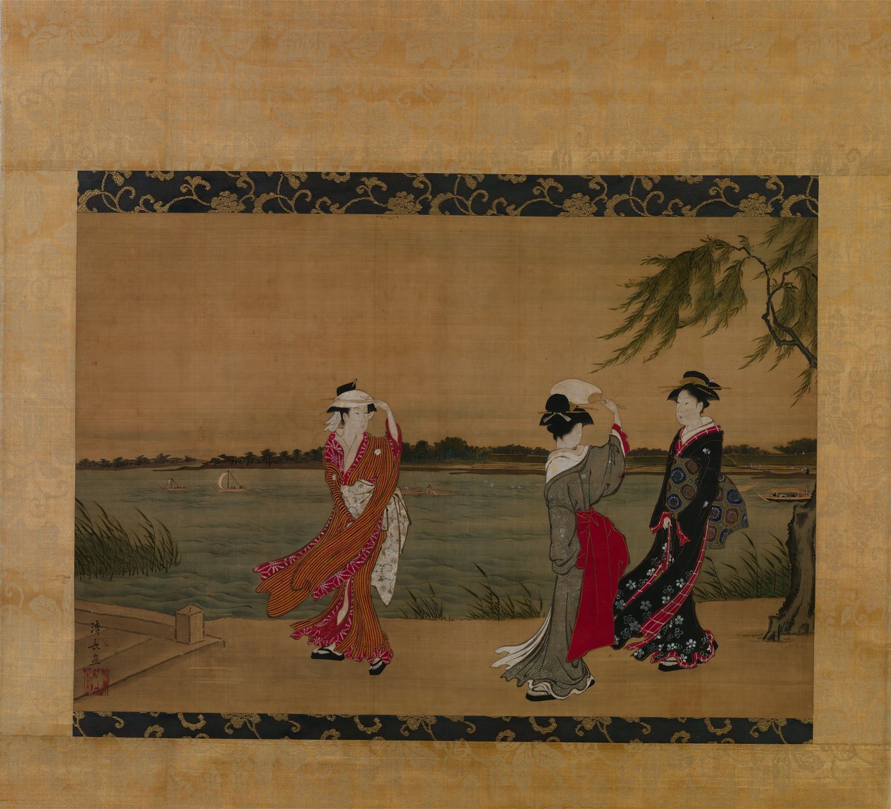Három lány a folyóparton, 19. század eleje. alkotó: Torii Kiyonaga