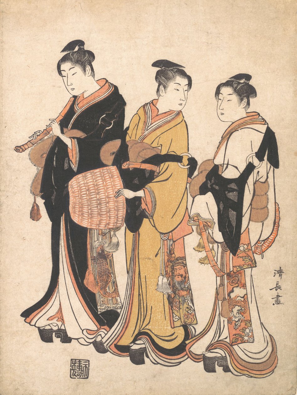 Három fiatal nő, akik Komuso Strolling Minstrelnek álcázzák magukat, kb. 1778. alkotó: Torii Kiyonaga