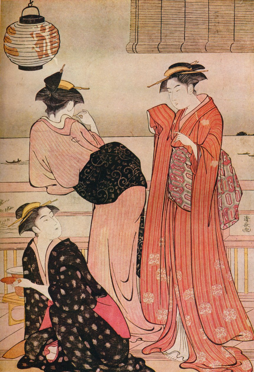 Három lány egy teaház verandáján, kilátással az Edo-öbölre Shinagawaban, 1752-1815 alkotó: Torii Kiyonaga