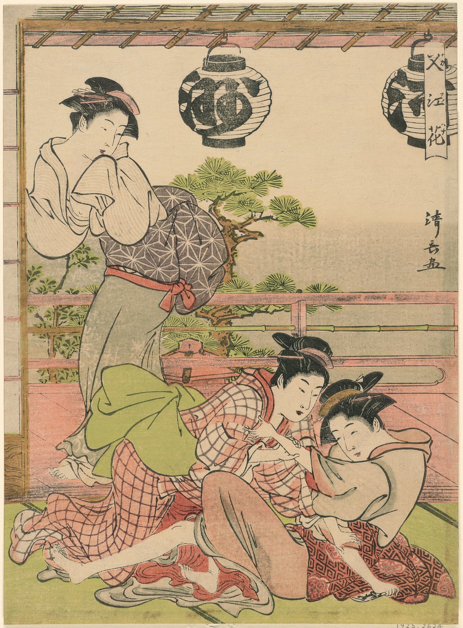 Két gésa egy levélért küzd (Fumi no arasoi), a "Nakasu virágai (Nakasu no hana)" sorozatból alkotó: Torii Kiyonaga