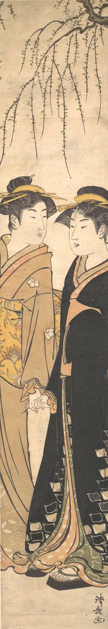 Két magas fiatal nő kéz a kézben sétál, kb. 1785. alkotó: Torii Kiyonaga