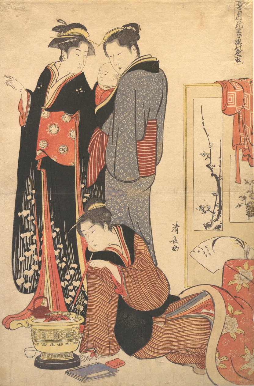 Két nő áll, kezében egy gyermek, kb. 1785. alkotó: Torii Kiyonaga