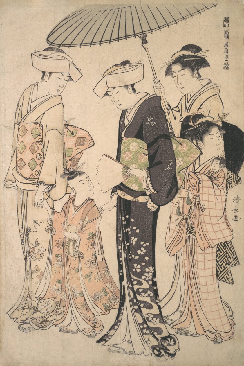 Két nő nyári jelmezben egy fiatal lányt visz egy sintó templomba a Miya Mairinak..., kb. 1783. alkotó: Torii Kiyonaga