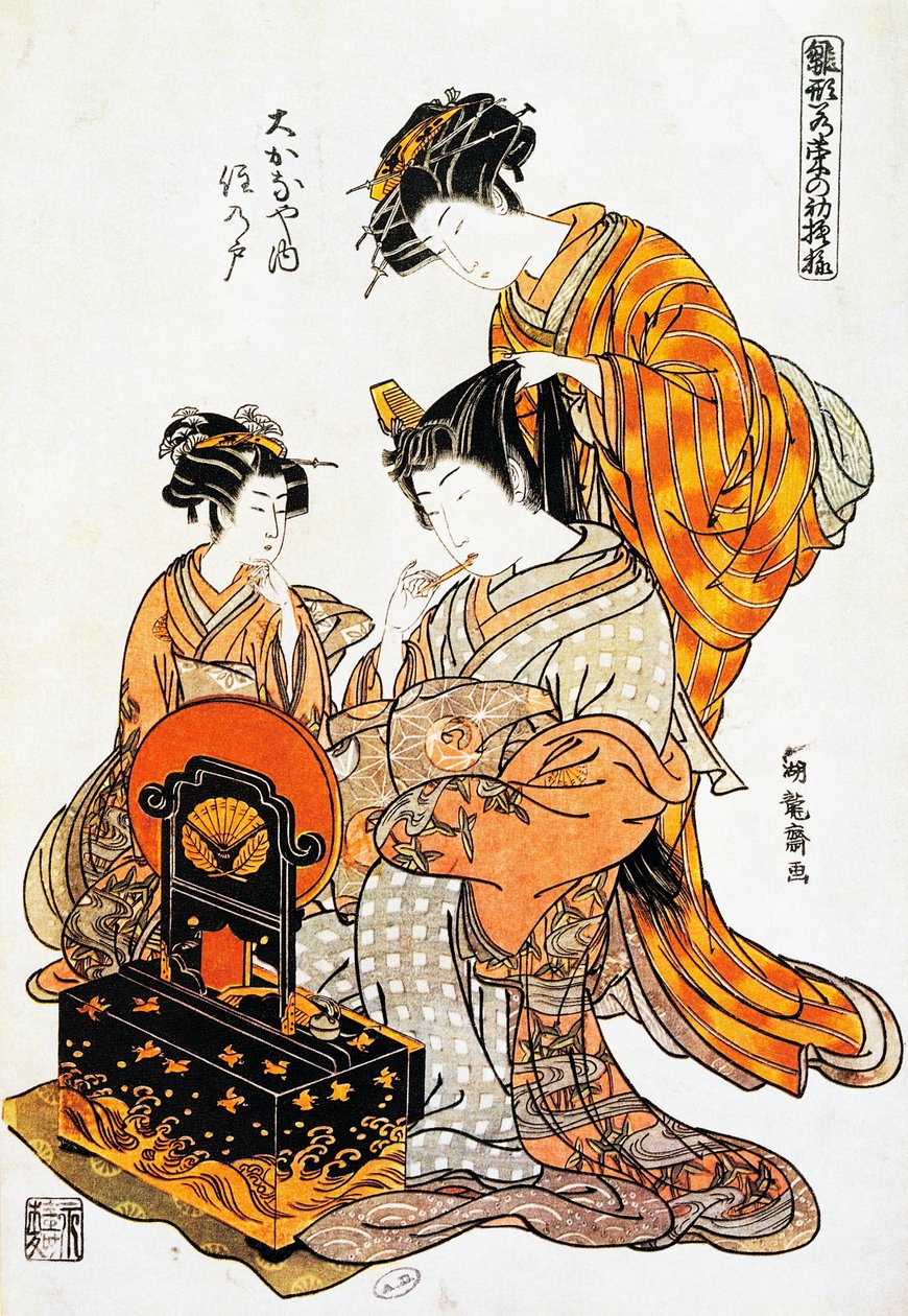Nő a tükör előtt, miközben fésülködik, Torii Kiyonaga (1751-1815) ukiyo-e művészeti nyomata, fametszet, japán civilizáció, Edo-korszak alkotó: Torii Kiyonaga