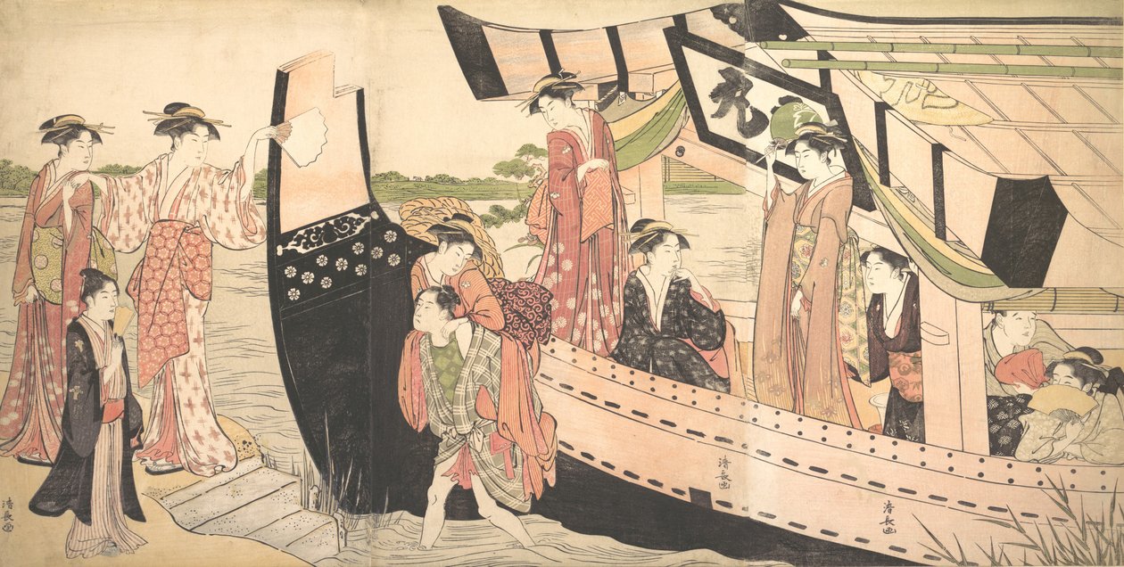 Nők partra húzott sétahajóról Mukojimánál a Sumida folyón, ..., kb. 1785. alkotó: Torii Kiyonaga