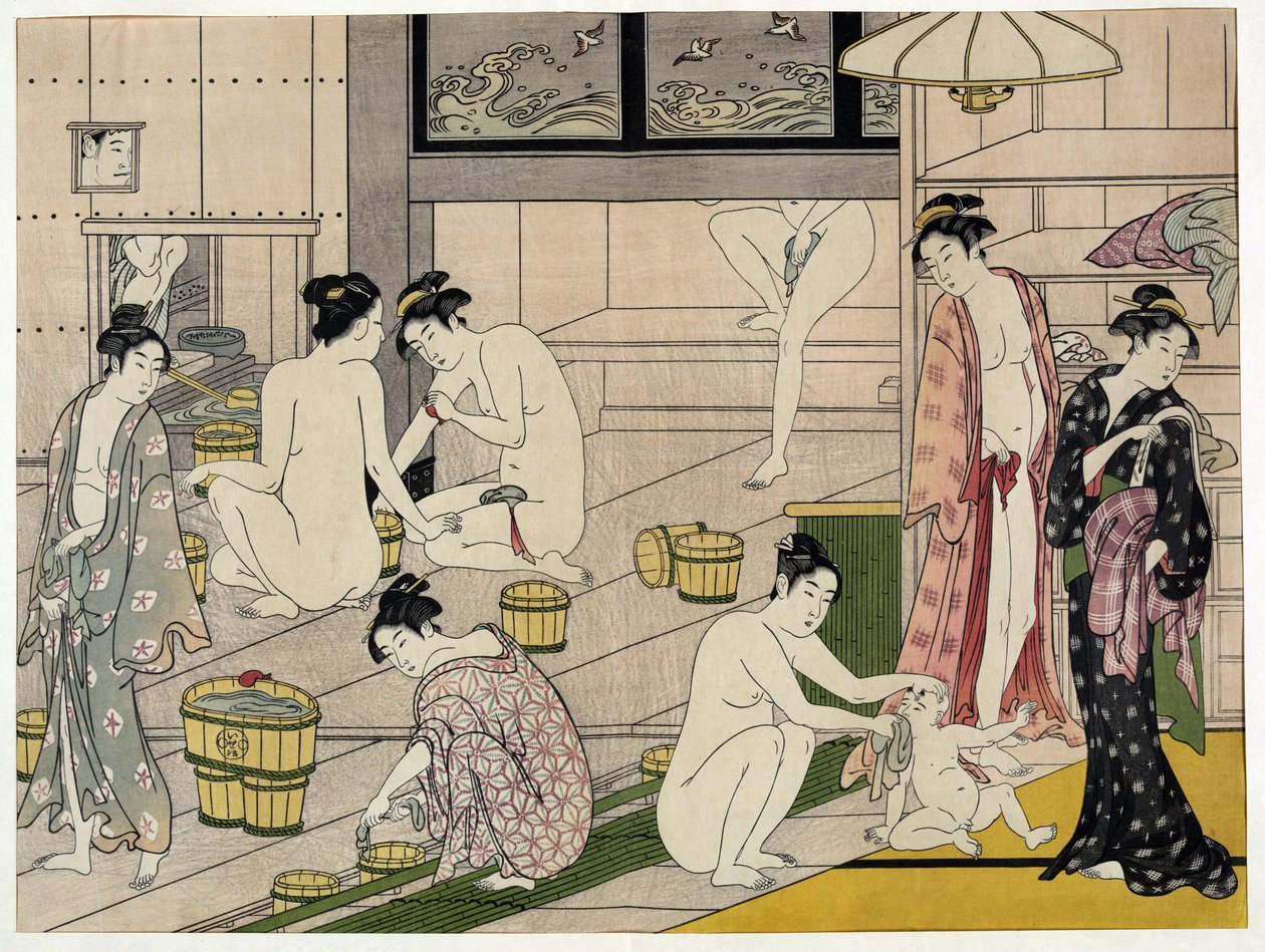 Nők a nyilvános fürdőben. Torii Kiyonaga (1752-1815) japán nyomata, 1785 körül. Torii Iskola (ukiyo-e vagy ukiyo e). alkotó: Torii Kiyonaga
