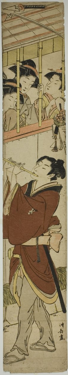 Fiatal férfi furulyázik, mint három lány óra alkotó: Torii Kiyonaga