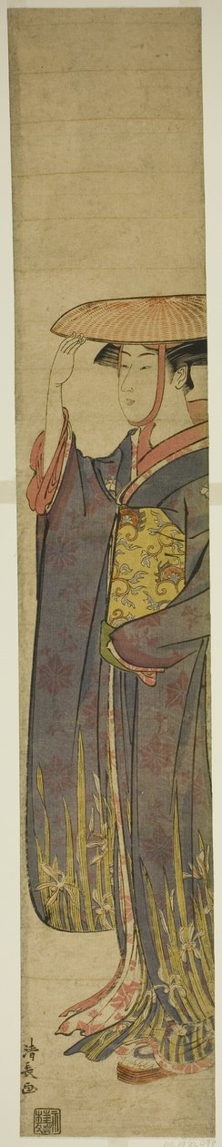 Fiatal nő kalapot visel alkotó: Torii Kiyonaga