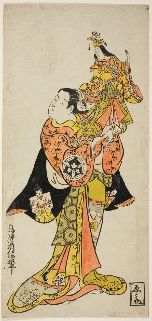 Yamashita Kinsaku színész, aki a császárné bábját tartja a "Tengeri utazás Izuba (Funadama Izu Nikki) naplója" című darabban, 1725 első hónapjában mutatták be a Nakamura Színházban. alkotó: Torii Kiyonobu II