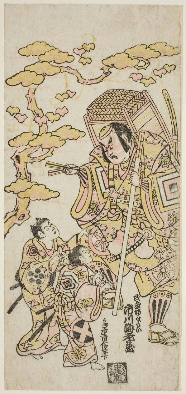 A színészek Ichikawa Ebizo II, mint Musashibo Benkei, Sakata Shintaro (?) mint Soga no Goro, és Takigawa Kinya (?) mint Soga no Juro a „Sazareishi Suehiro Genji” című darabban, amelyet a Nakamura Színházban mutattak be 1744 első hónapjában. alkotó: Torii Kiyonobu II