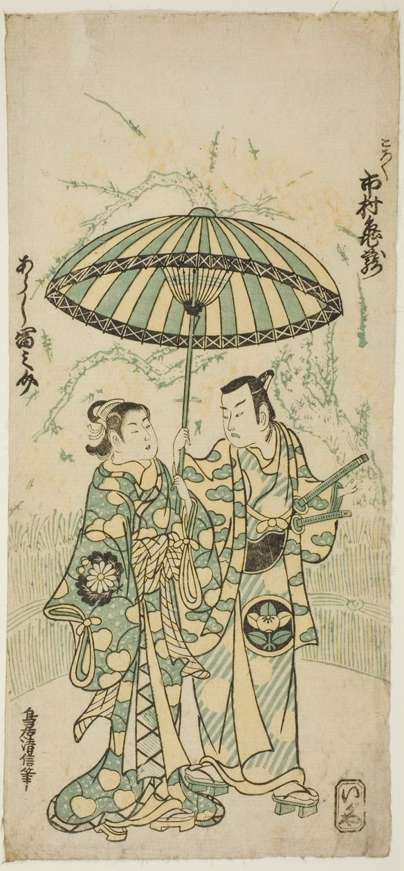 I. Ichimura Kamezo színészek Kanto Korokuként és Arashi Tominosuke I. Hayasaki a "Hokazo Yunzei Hachinoki" című darabban, amelyet az Ichimura Színházban mutattak be 1748. tizenegyedik hónapjában. alkotó: Torii Kiyonobu II